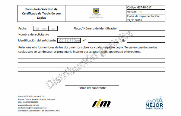 formato de solicitud de certificado de tradición y libertad de vehículos en colombia
