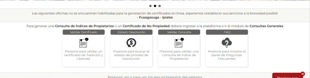 captura de pantalla del proceso para consultar el índice de propietarios en Colombia.