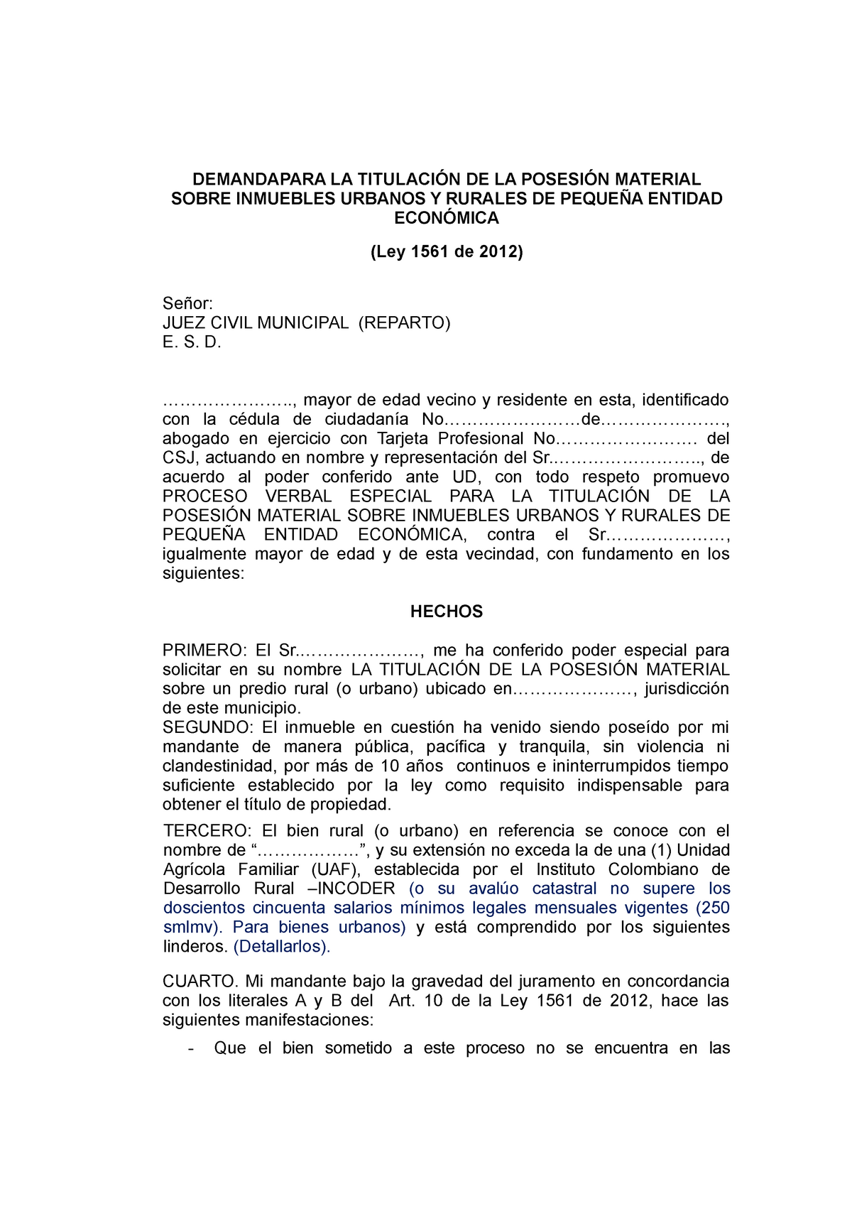 Modelo Demanda Saneamiento Titulacion Inmueble Ley 1561 de 2012 en Colombia